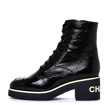 Chanel Shiny Crumpled Lambskin Lace Up Combat Boots 38.5 Black 1 of 12