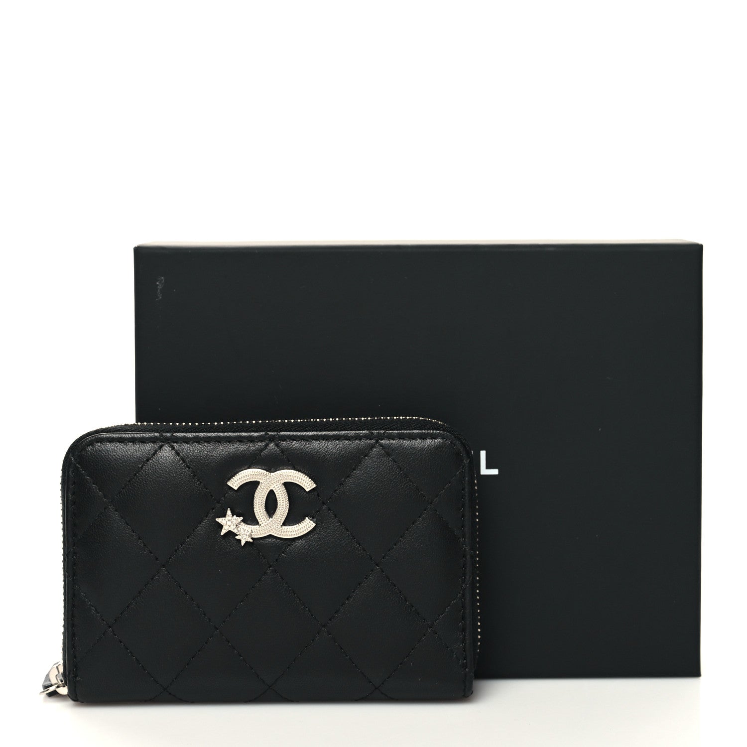 Chanel Lambskin Crystal Star Quilted Studded CC Zip Around Card Holder Wallet Black 9 of 9