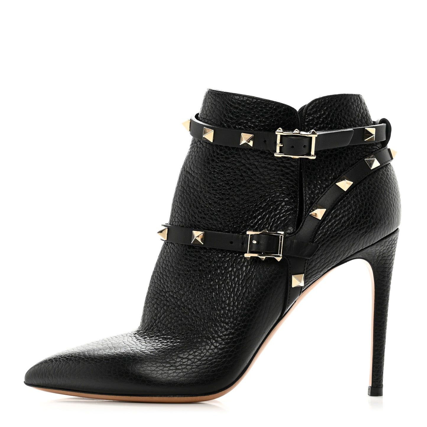 Grained Calfskin Rockstud Double Buckle 100mm Ankle Boots 38.5 Black