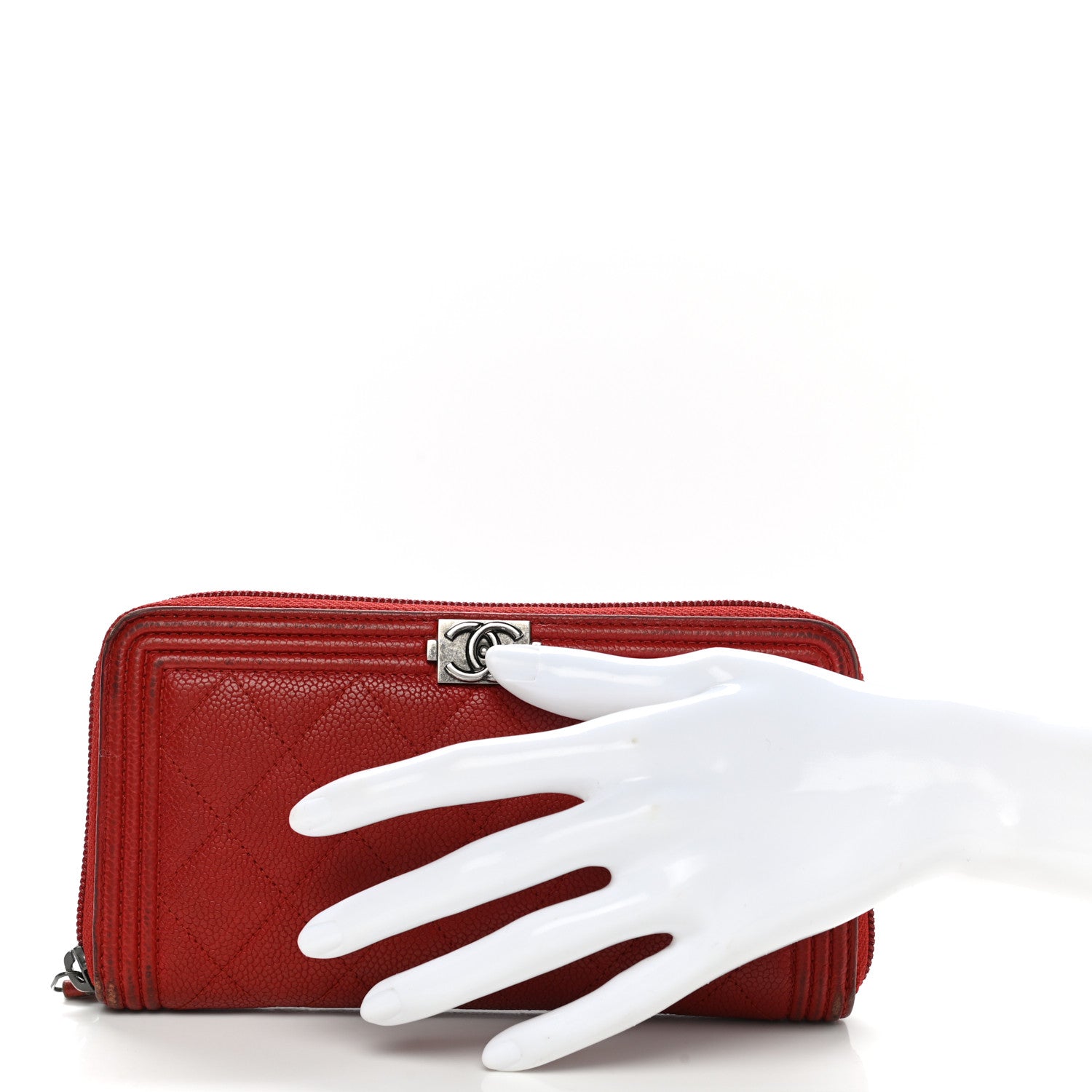 Chanel Caviar Quilted Large Boy Zip Around Wallet Red 2 of 13