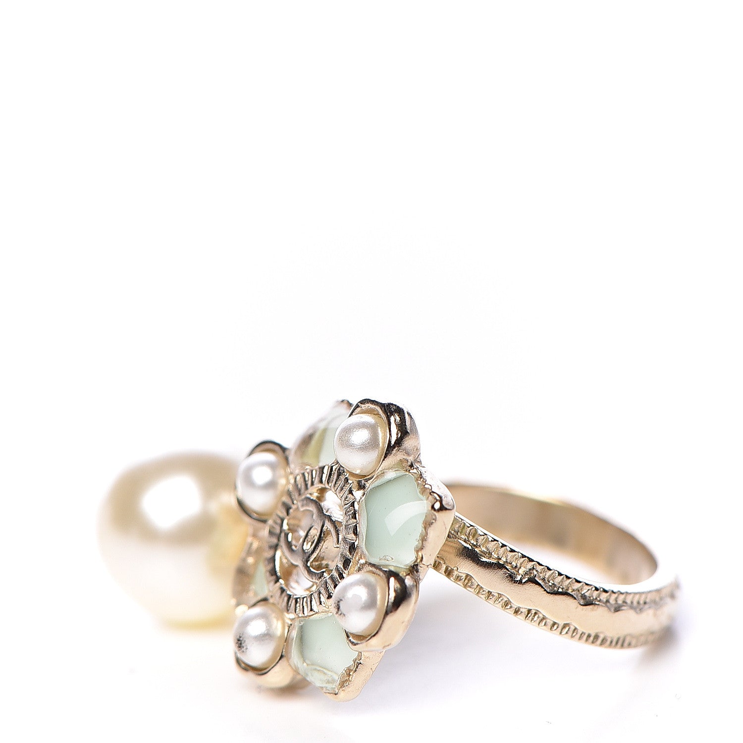 Chanel Gripoix Pearl CC Ring 6.75 Gold Green 3 of 6