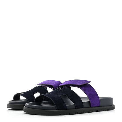 Hermes Suede Goatskin Womens Chypre Sandals 37 Marine Violet Majorette 3 of 9