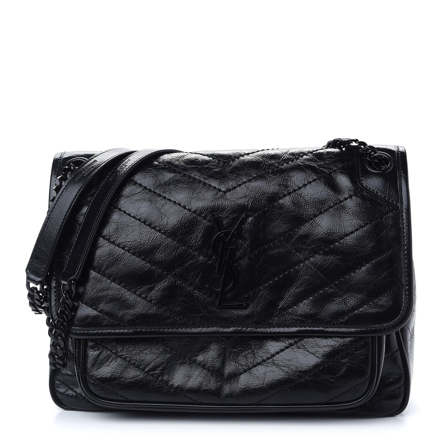 Crinkled Calfskin Matelasse Monogram Medium Niki Chain Satchel Black
