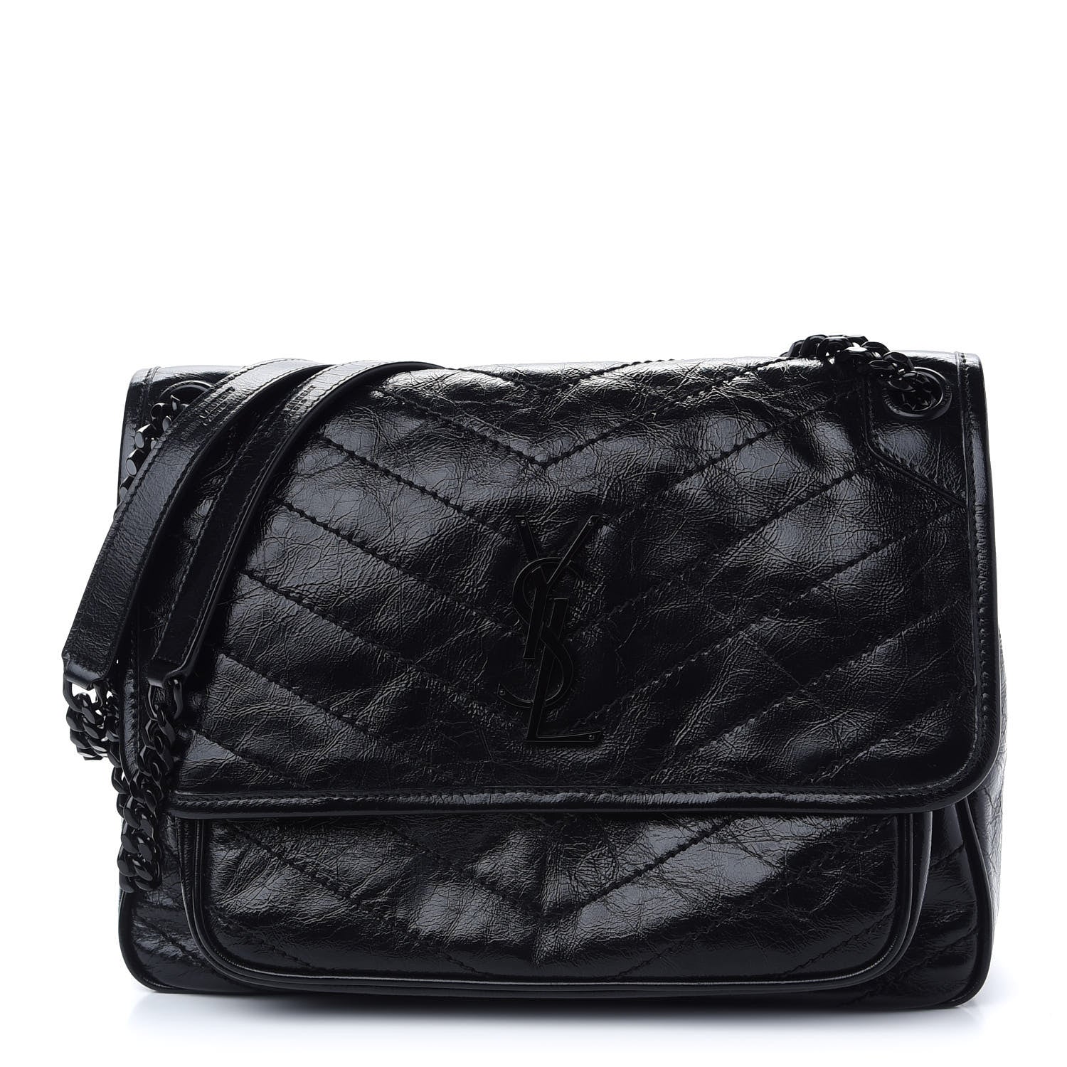 Saint Laurent Crinkled Calfskin Matelasse Monogram Medium Niki Chain Satchel Black 1 of 8