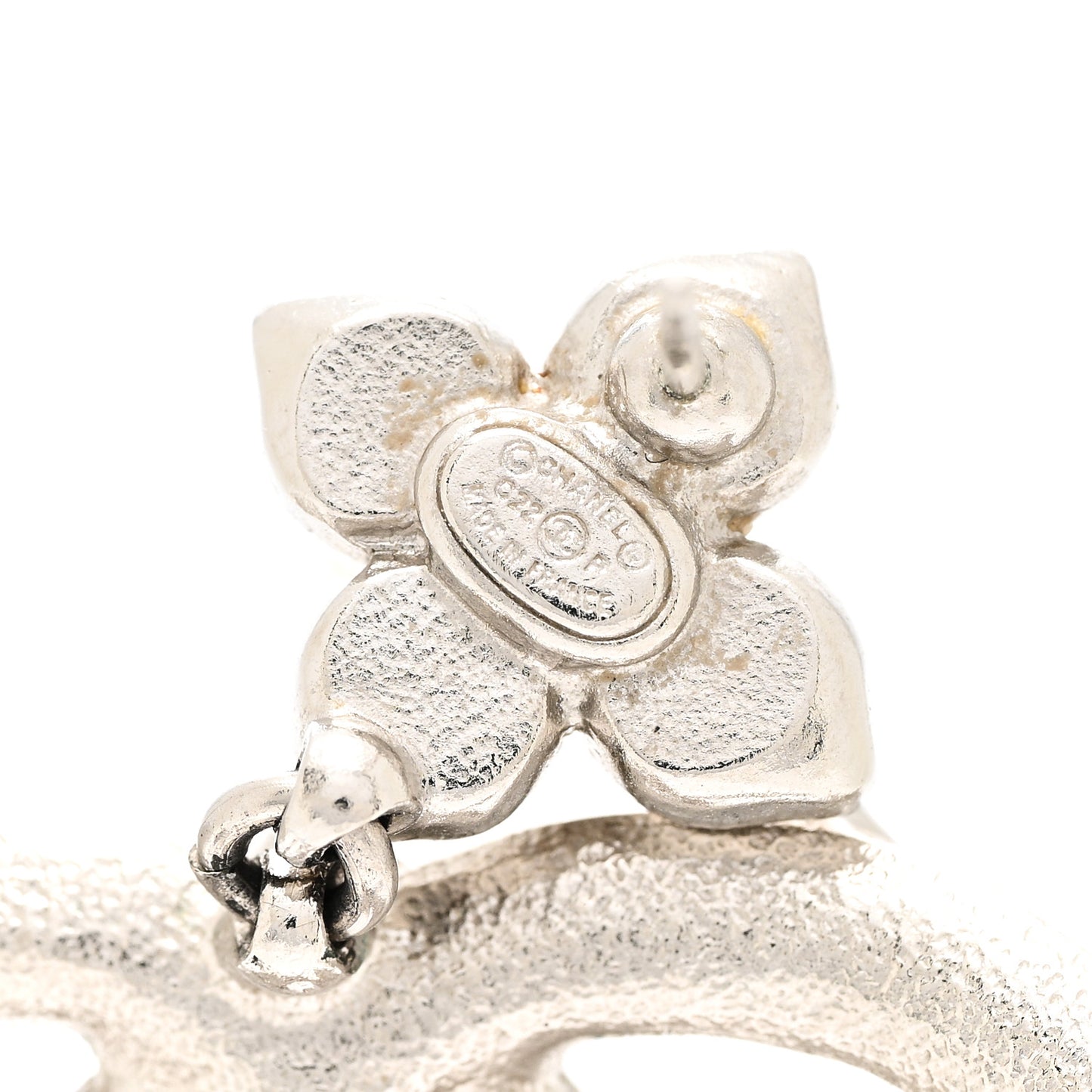 Metal Pearl Crystal CC Flower Drop Earrings Silver