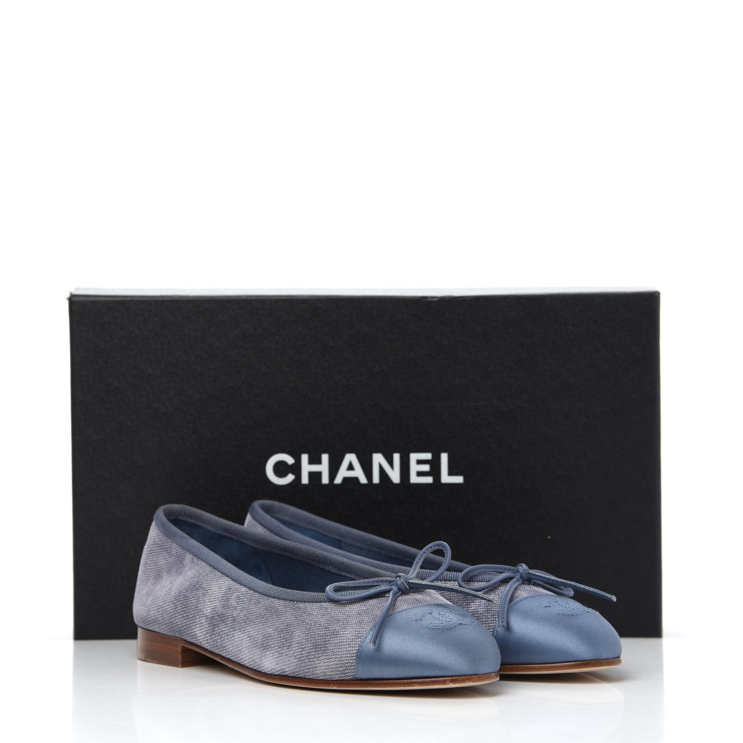 Satin Denim Goatskin CC Cap Toe Ballerina Flats 35 Blue