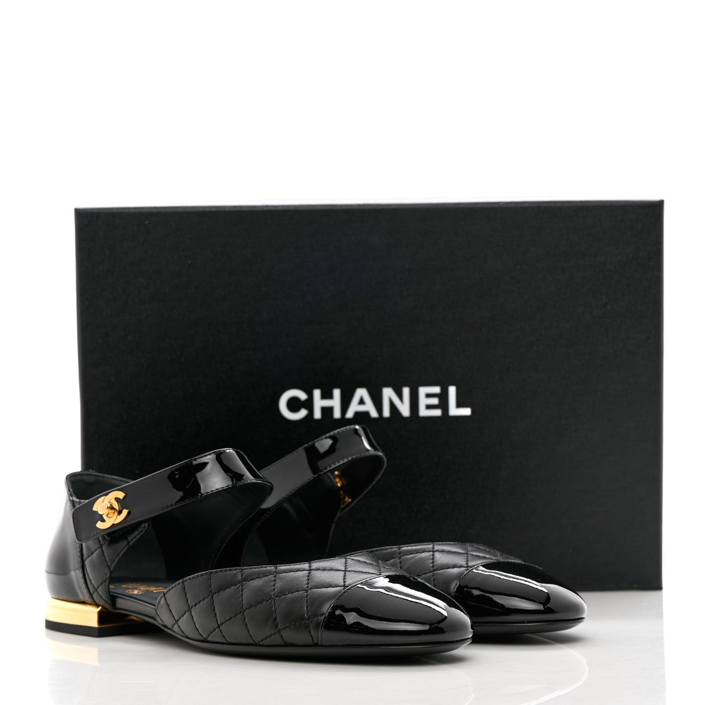 Patent Lambskin Quilted Cap Toe Ballerina Flats 38.5 Black