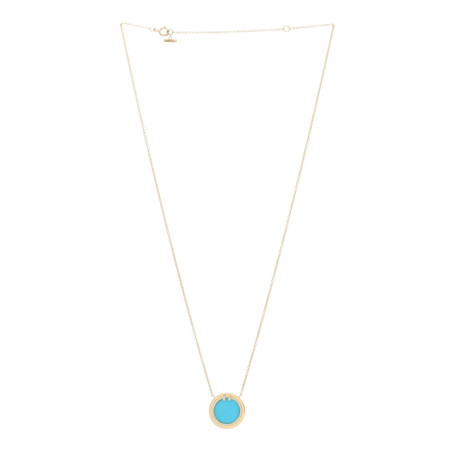 Tiffany 18K Yellow Gold Diamond Turquoise T Circle Pendant Necklace 2 of 5