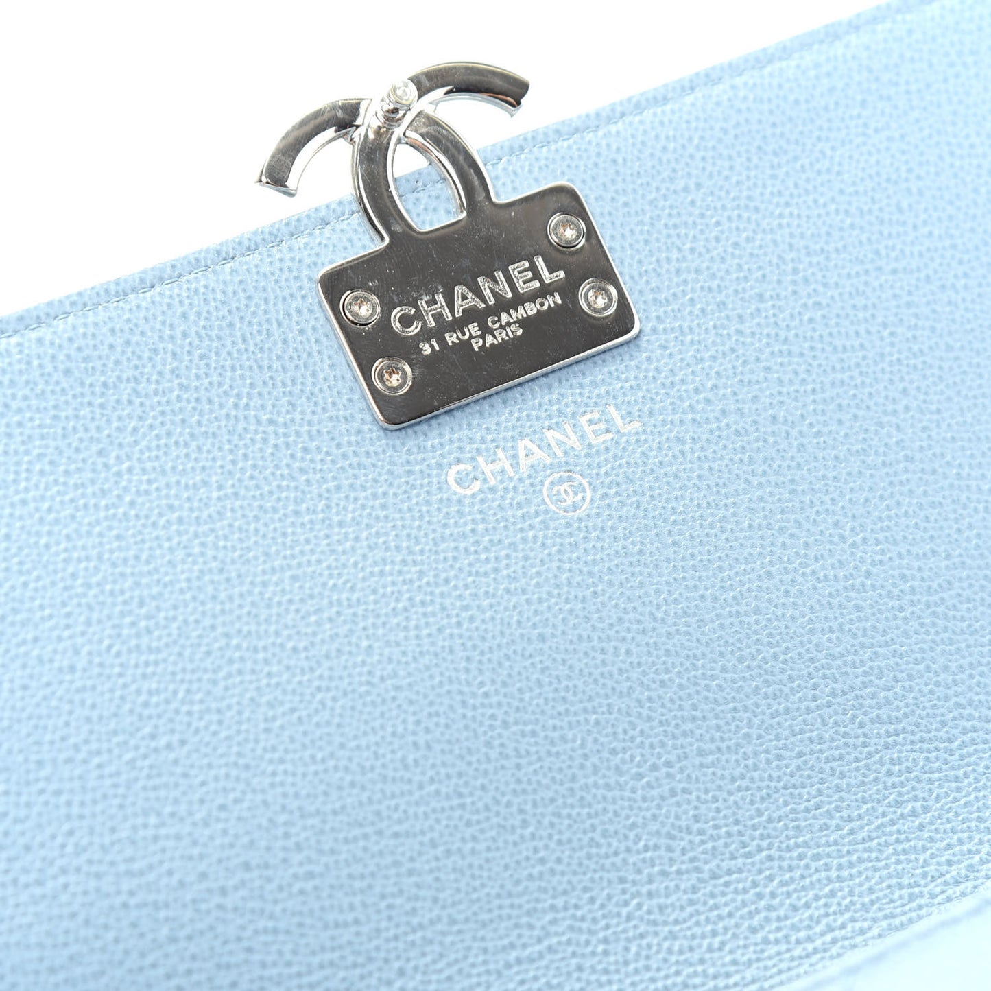 Grained Calfskin Quilted CC Box Pouch Light Blue