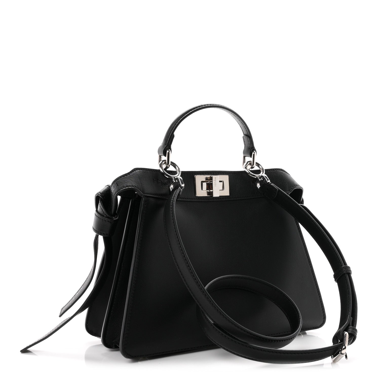 Fendi Vitello Seta Shiny Nappa Logo Embossed Laces Small Peekaboo I SEE U Satchel Black 3 of 10