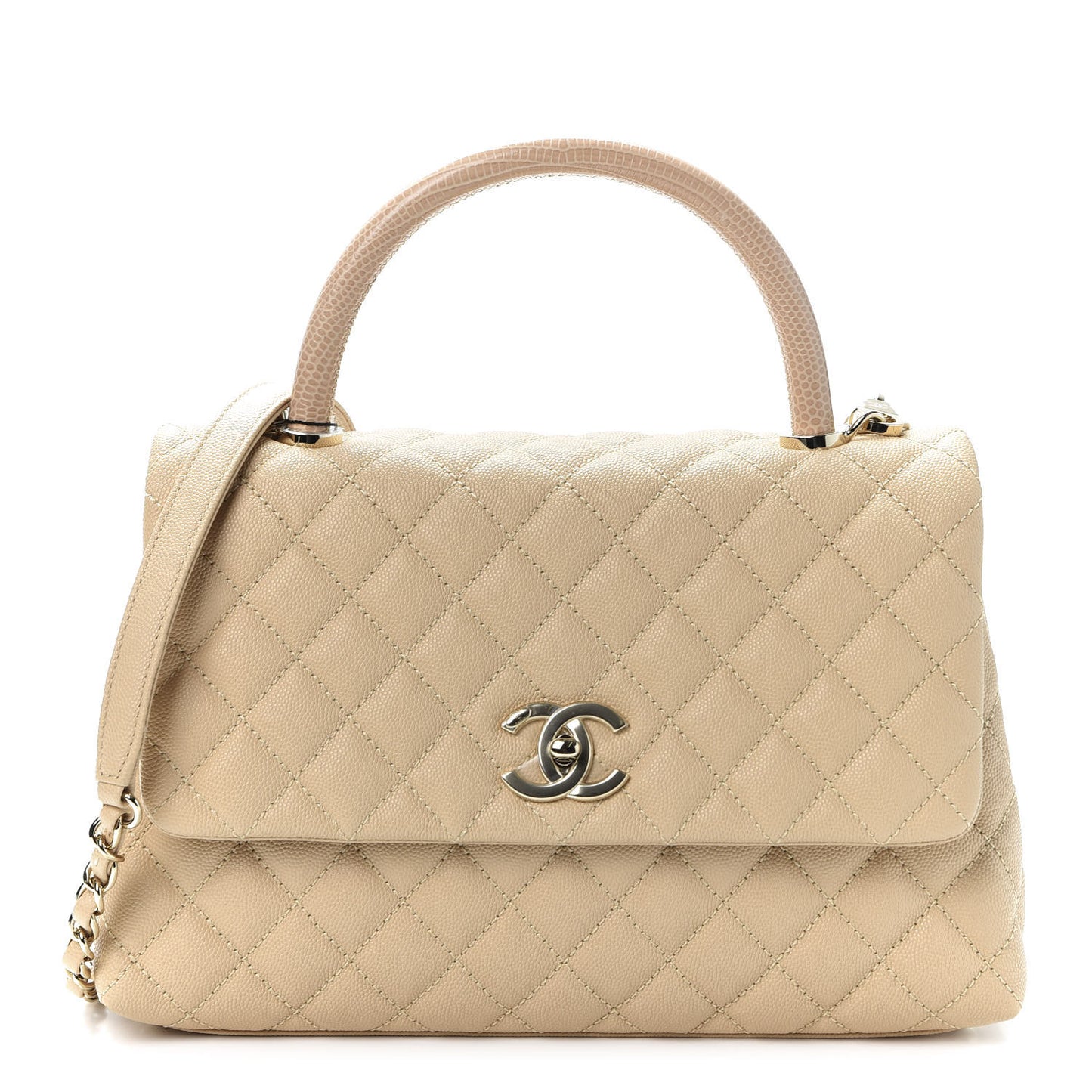 Caviar Lizard Embossed Quilted Small Coco Handle Flap Beige