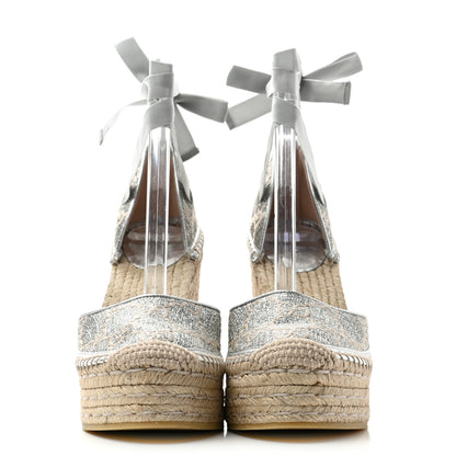 Gucci Lame GG Monogram Ankle Wrap Platform Espadrille Wedges 37.5 Silver Beige Light Grey 2 of 10