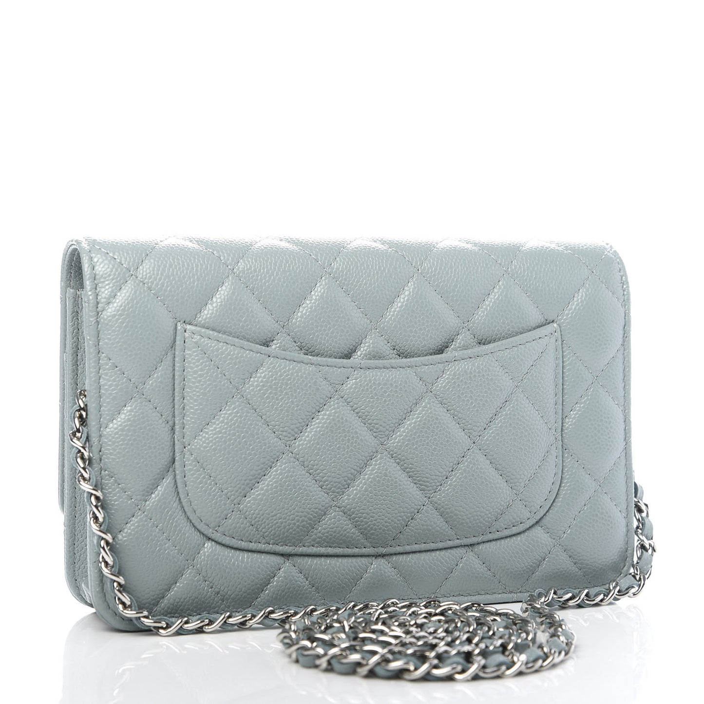 Iridescent Caviar Quilted Wallet On Chain WOC Light Blue