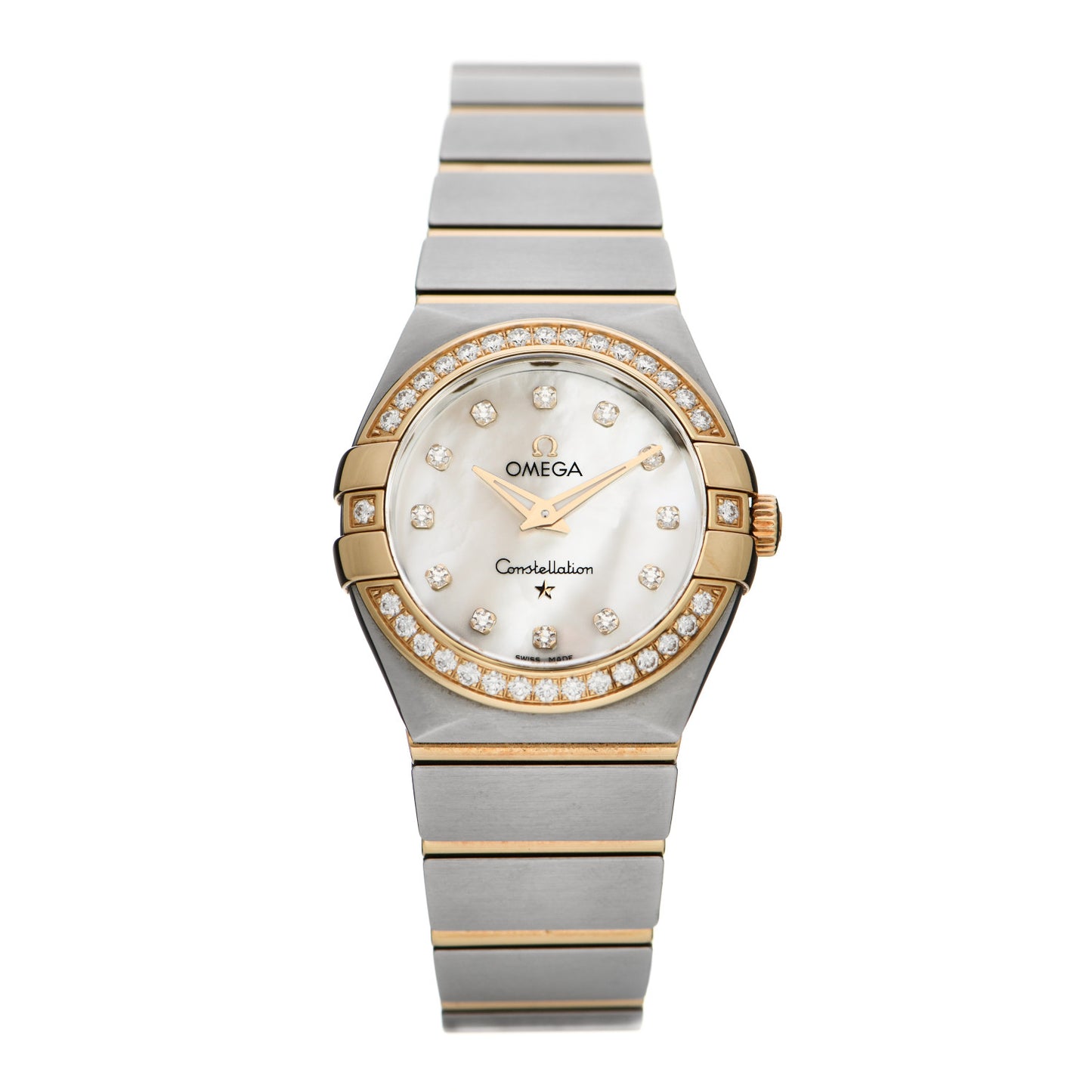 Stainless Steel 18K Yellow Gold Diamond Bezel Mother of Pearl 27mm Constellation Quartz Watch 123.25.27.60.55.003