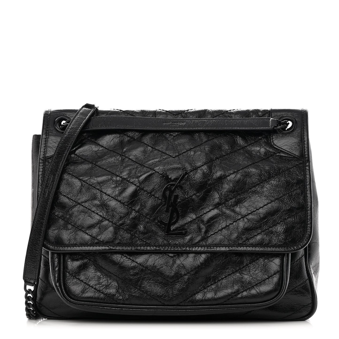 Crinkled Calfskin Matelasse Monogram Large Niki Chain Satchel Black