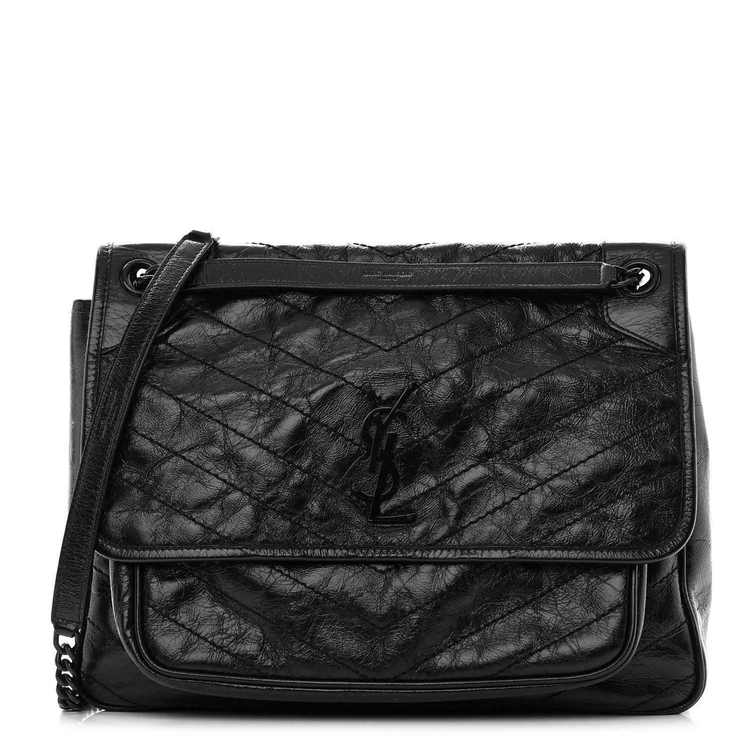 Saint Laurent Crinkled Calfskin Matelasse Monogram Large Niki Chain Satchel Black 1 of 12