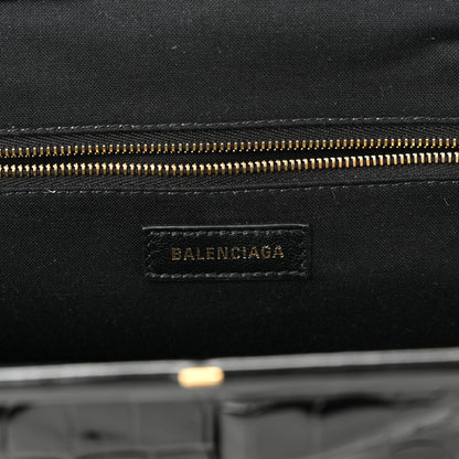 Balenciaga Shiny Supple Calfskin Logo Crocodile Embossed XL Cloud Clutch Black White 6 of 9