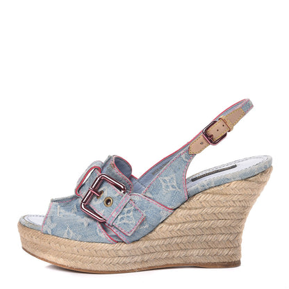 Louis Vuitton Denim Monogram Espadrille Wedge Sandals 40 Blue 1 of 13