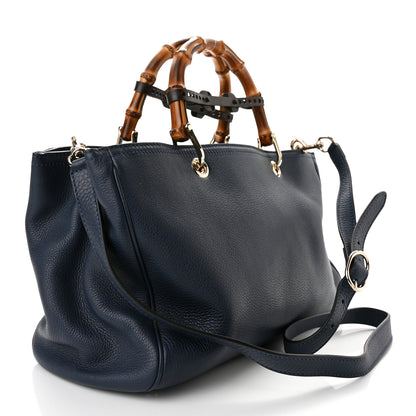 Gucci Pebbled Calfskin Medium Bamboo Shopper Tote Navy 3 of 10
