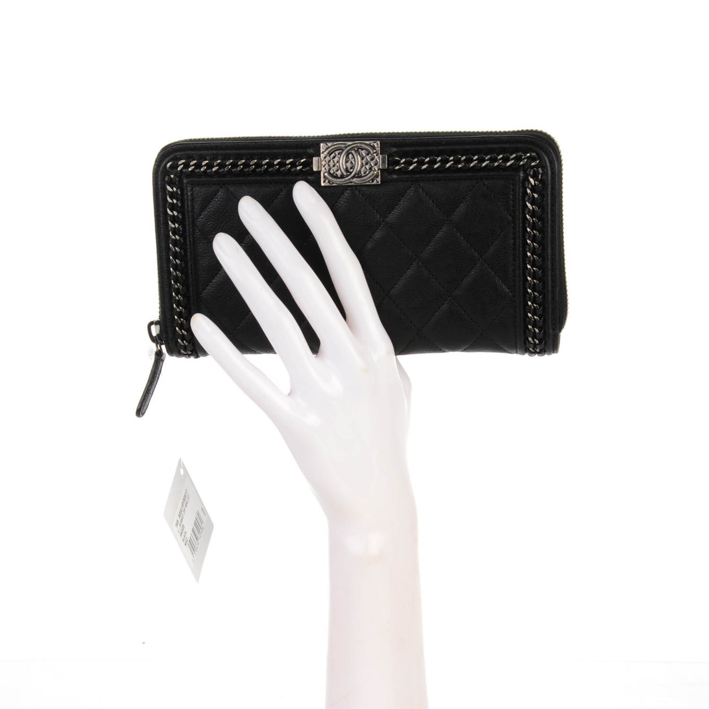 Grained Calfskin Quilted Boy Chain Large Gusset Zip Around Wallet Black