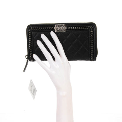 Chanel Grained Calfskin Quilted Boy Chain Large Gusset Zip Around Wallet Black 2 of 8