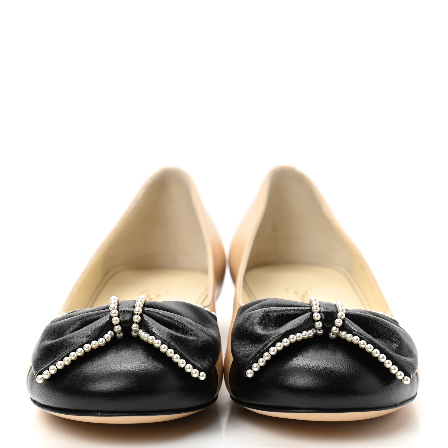 Chanel Lambskin Pearl Bow Ballerina Flats 35 Beige Black 2 of 8