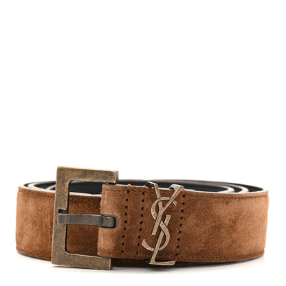 Saint Laurent Suede Monogram Square Buckle Belt 80 32 Tan Bronze 1 of 5