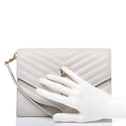 Saint Laurent Grain De Poudre Matelasse Chevron Monogram Envelope Clutch Blanc Vintage 2 of 12