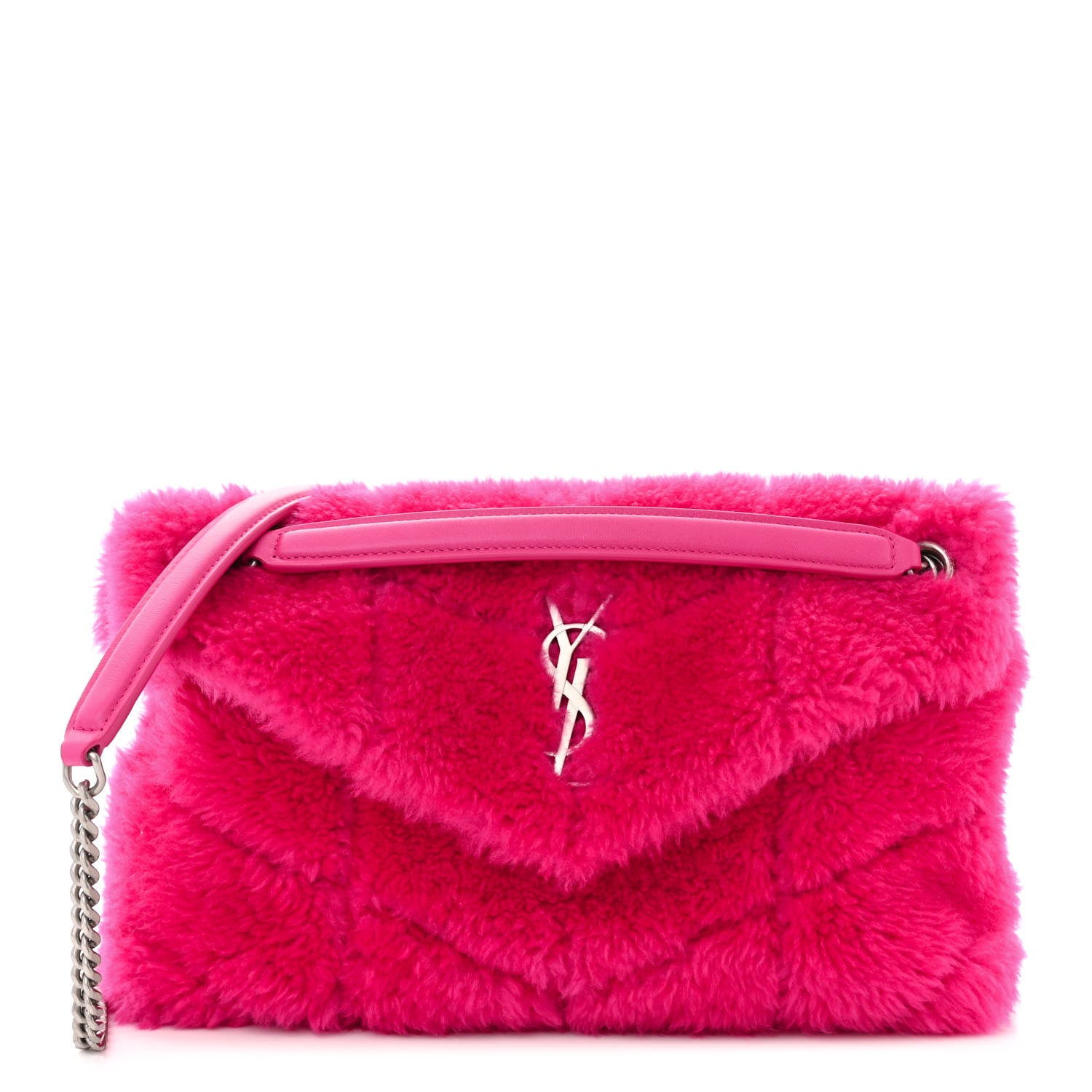 Saint Laurent Merino Shearling Lambskin Quilted Small Loulou Puffer Monogram Chain Satchel Fuchsia 1 of 10