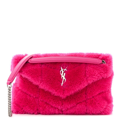 Saint Laurent Merino Shearling Lambskin Quilted Small Loulou Puffer Monogram Chain Satchel Fuchsia 1 of 10