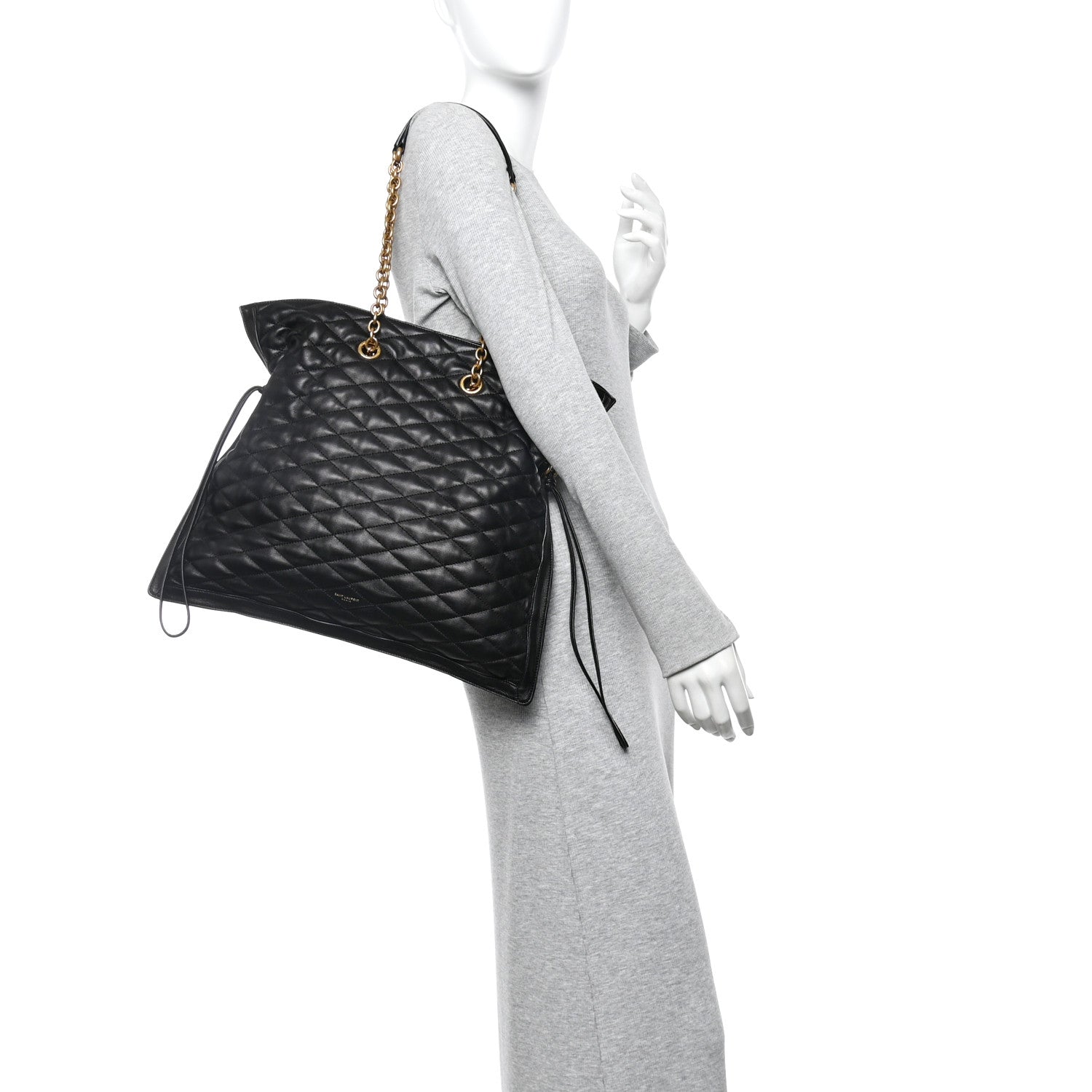 Saint Laurent Lambskin Quilted Pochon Drawstring Tote Bag Black 2 of 9