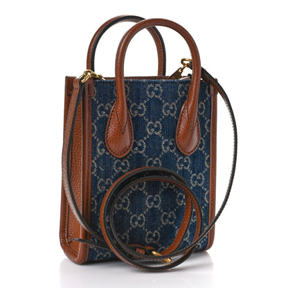 Gucci New Denim GG Monogram Dollar Calfskin Mini Retro Interlocking G Tote Bag Blue Tea Cuir Epilog 4 of 10