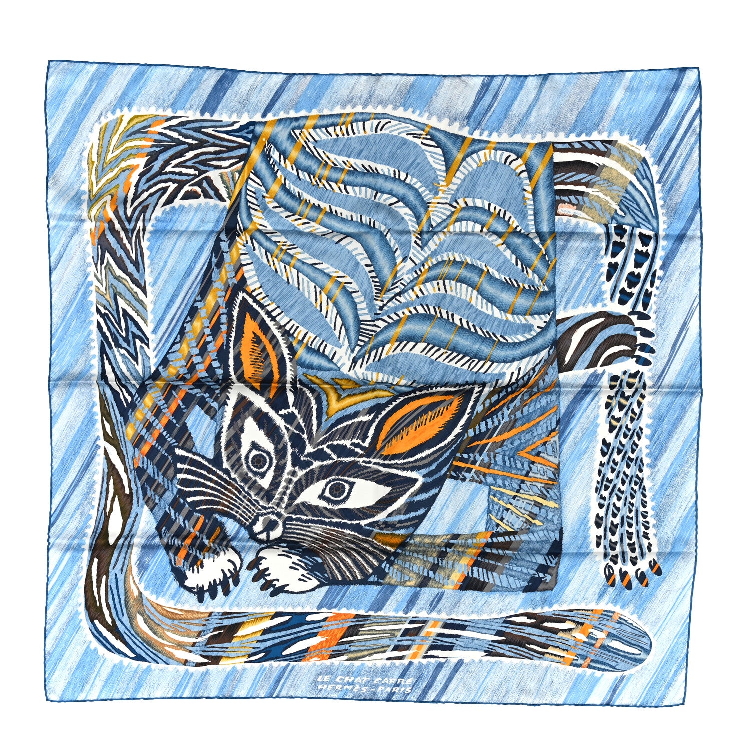 Hermes Silk Le Chat Carre Scarf 90 Bleu Caramel White 2 of 8