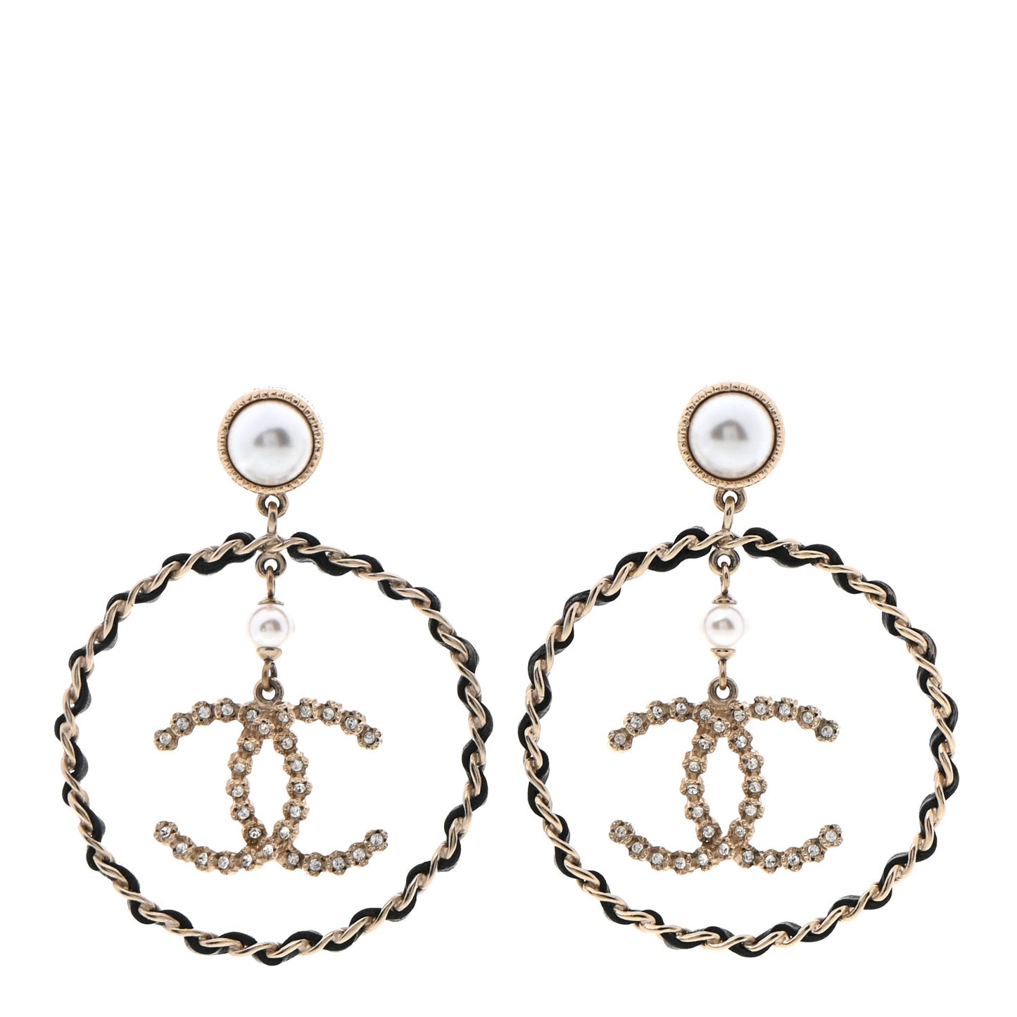 Lambskin Crystal Pearl CC Drop Earrings Gold Black