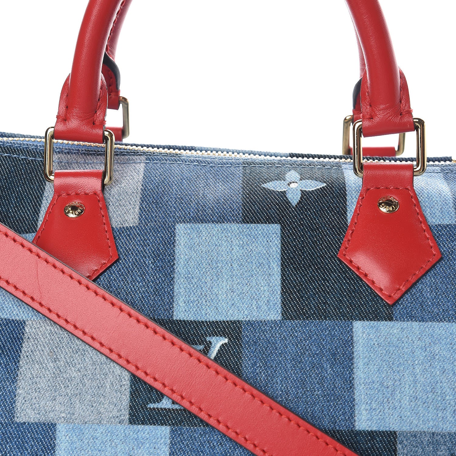 Louis Vuitton Denim Damier Monogram Patchwork Speedy Bandouliere 30 Blue Rouge 8 of 10
