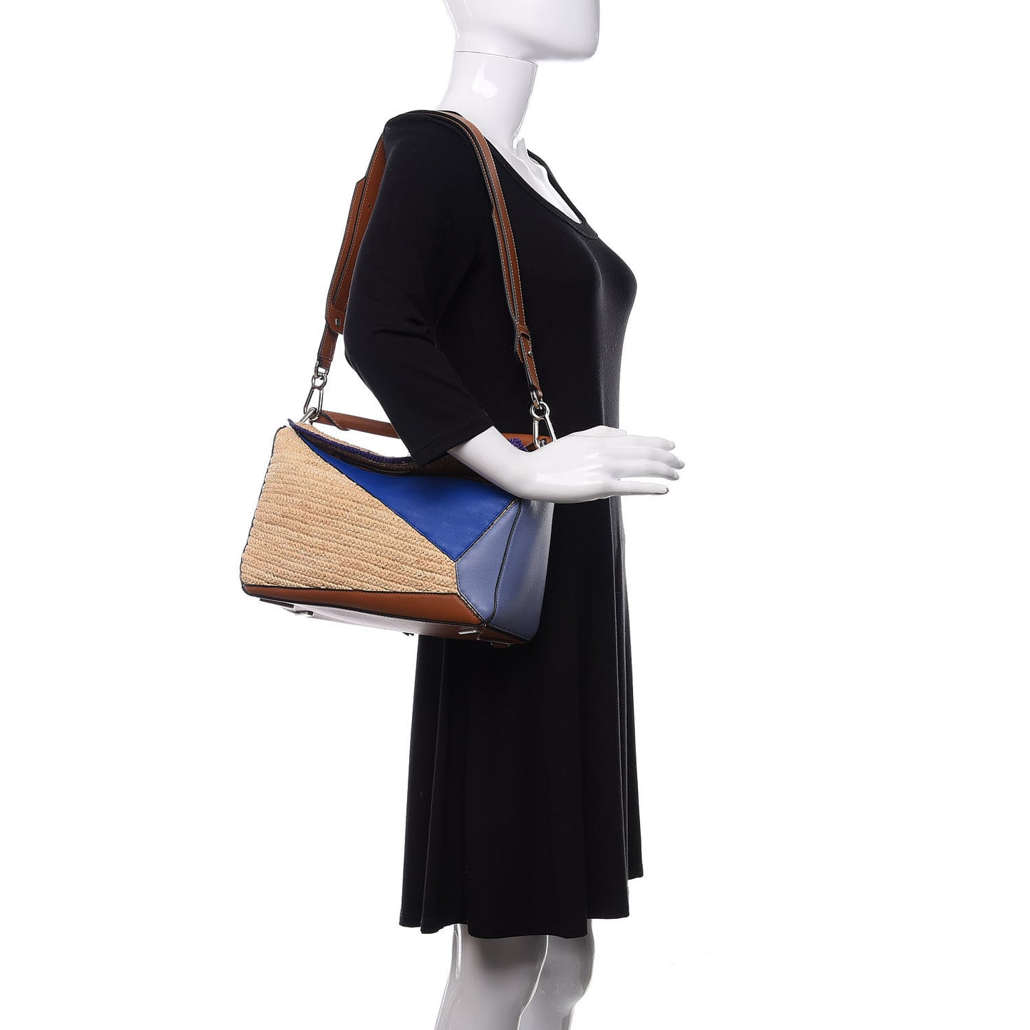 Calfskin Raffia Paula's Ibiza Medium Puzzle Bag Blue Tan