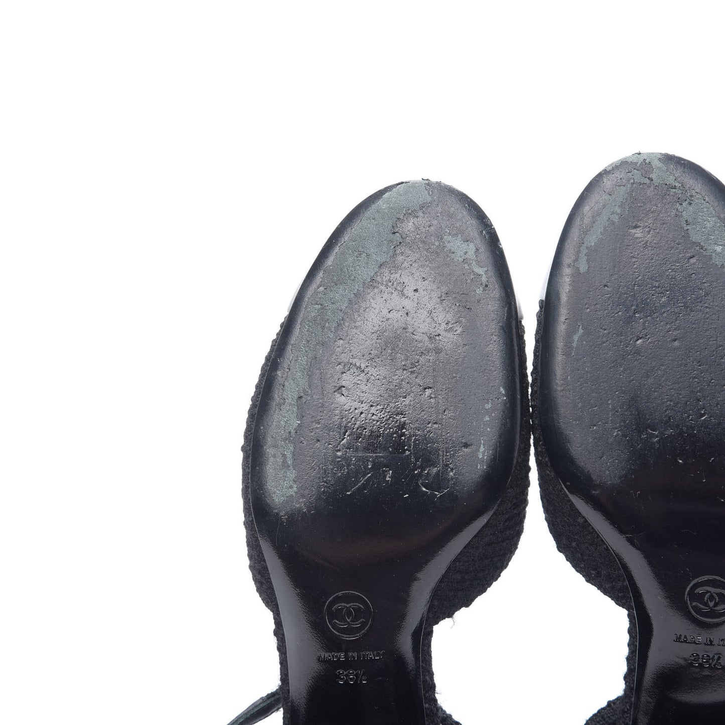 Tweed Iridescent Calfskin Cap Toe CC Slingback Pumps 38.5 Black Silver