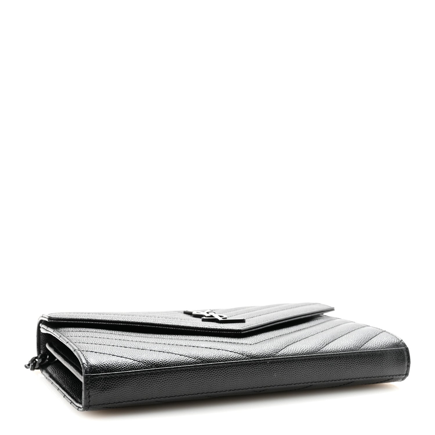 Saint Laurent Grain De Poudre Matelasse Chevron Monogram Monochrome Chain Wallet Black 4 of 10