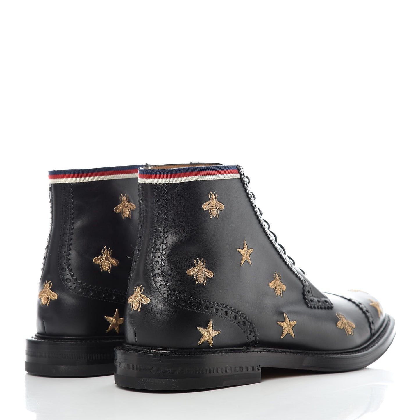 Calfskin Sylvie Web Bee Star Embroidered Mens Brogue Captoe Boots 7.5 Black