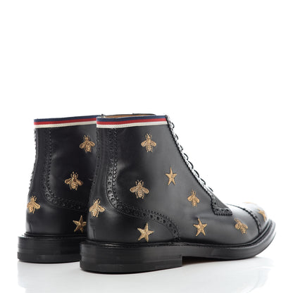 Gucci Calfskin Sylvie Web Bee Star Embroidered Mens Brogue Captoe Boots 7.5 Black 4 of 9