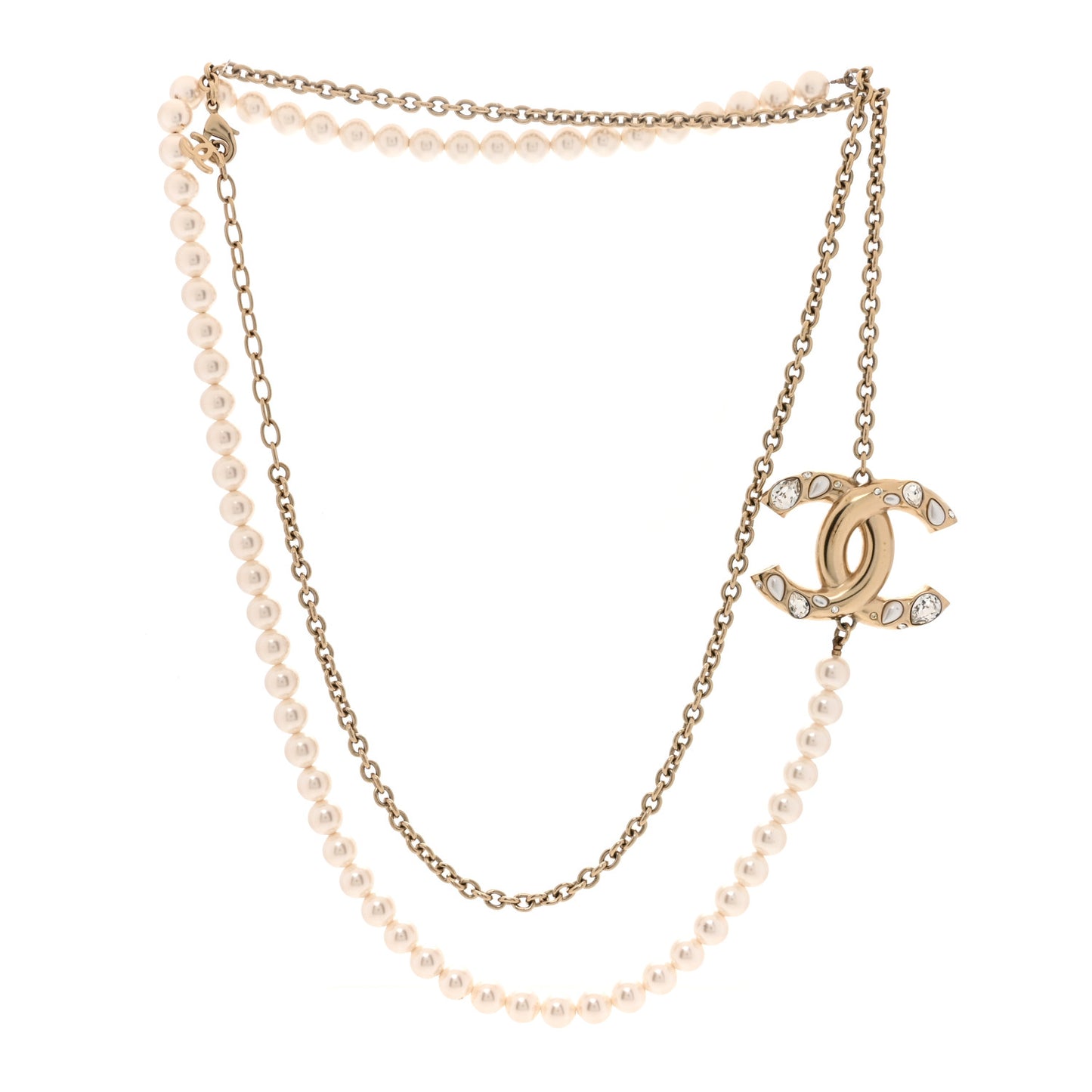 Metal Pearl Crystal Chain CC Long Necklace Gold
