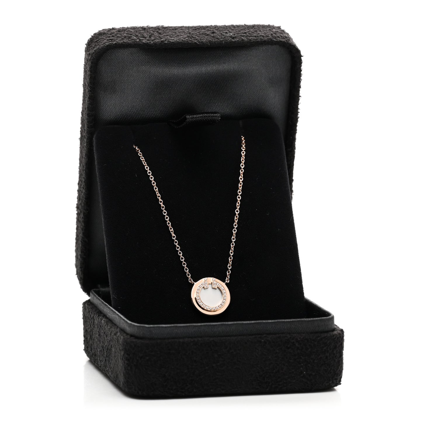 18K Rose Gold Diamond Mother of Pearl Small T Circle Pendant Necklace