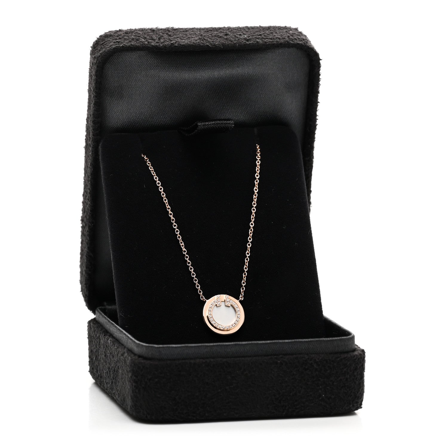 Tiffany 18K Rose Gold Diamond Mother of Pearl Small T Circle Pendant Necklace 5 of 5