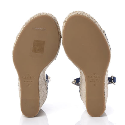 Valentino Garavani Grained Calfskin Rockstud Ankle Strap Espadrille 15/105mm Wedge Sandals 36 Baltique Natural 5 of 10