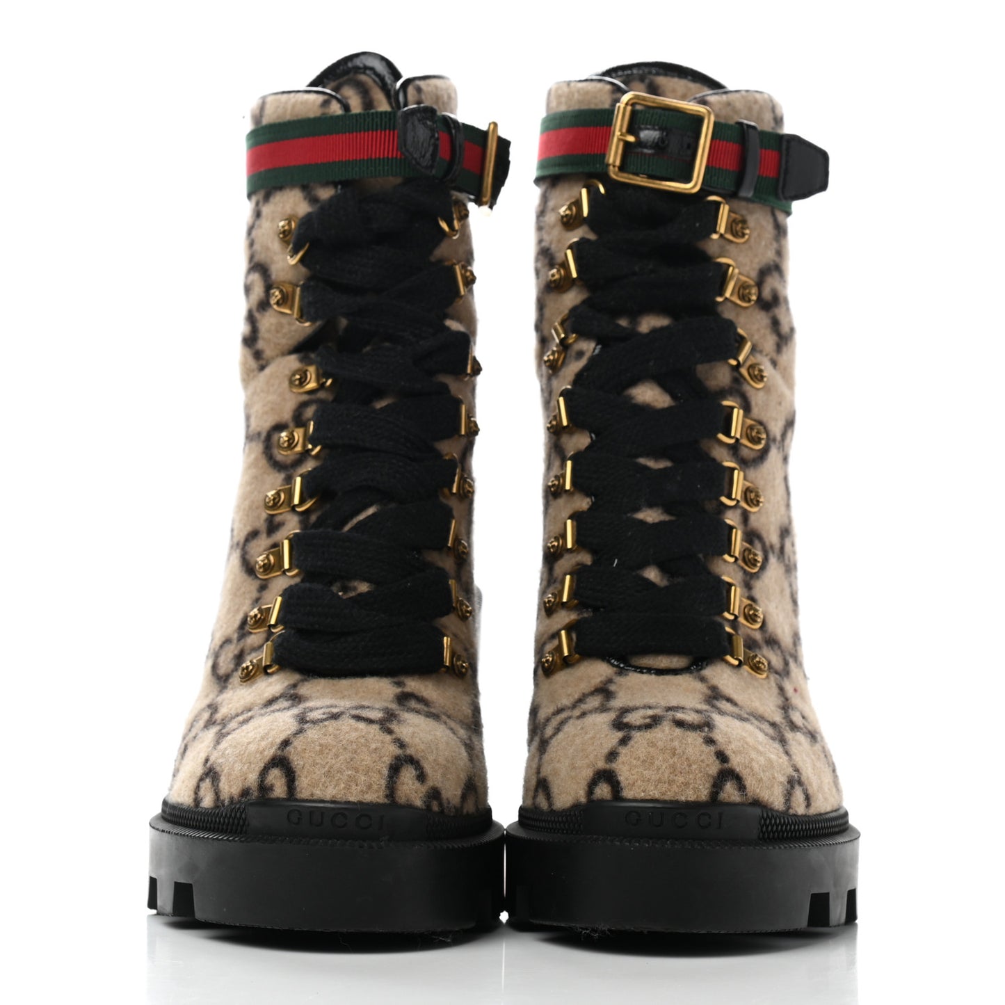 Covered Wool GG Monogram Womens Lace Up Combat Ankle Boots 38 Beige Ebony Black