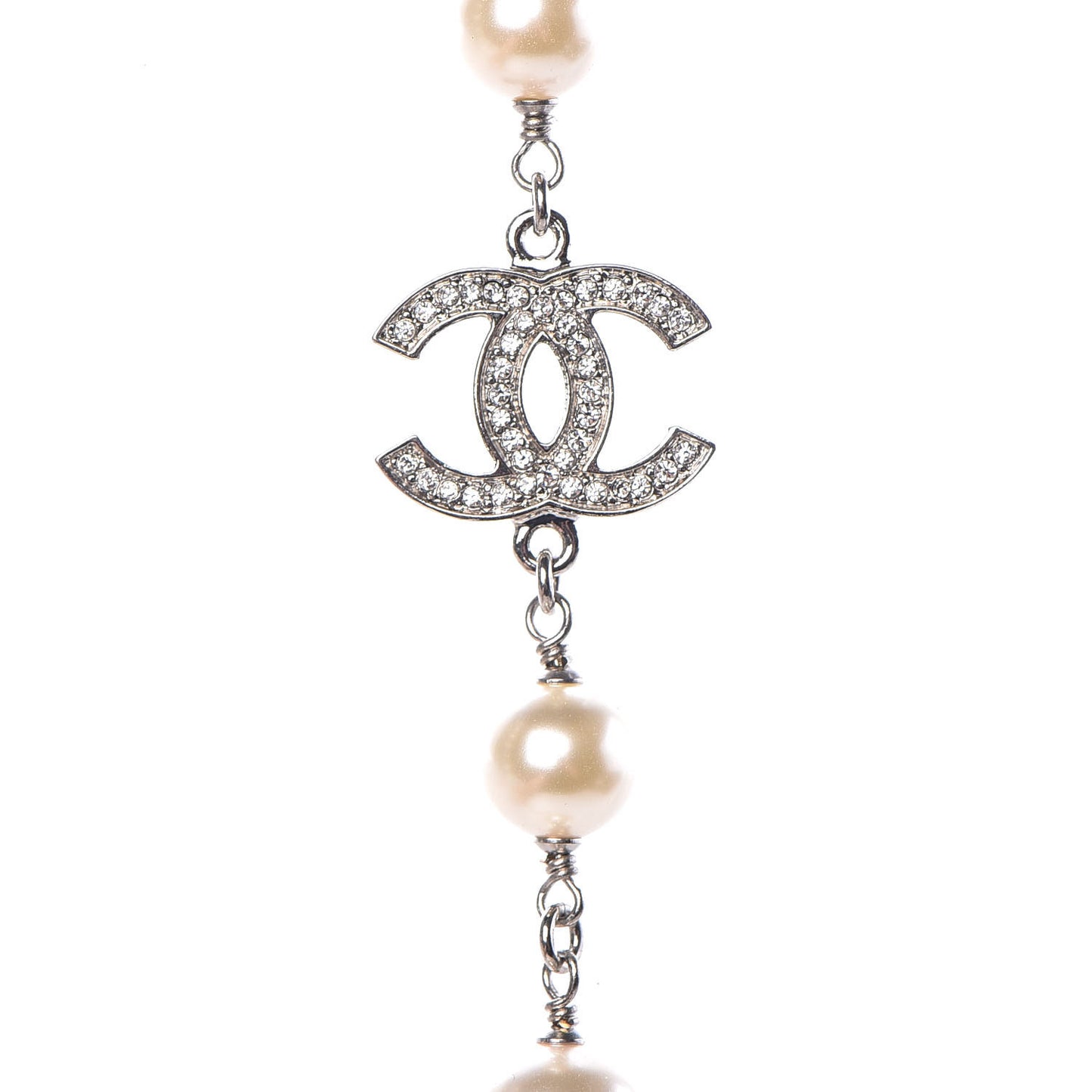 Crystal Pearl CC Long Necklace Silver