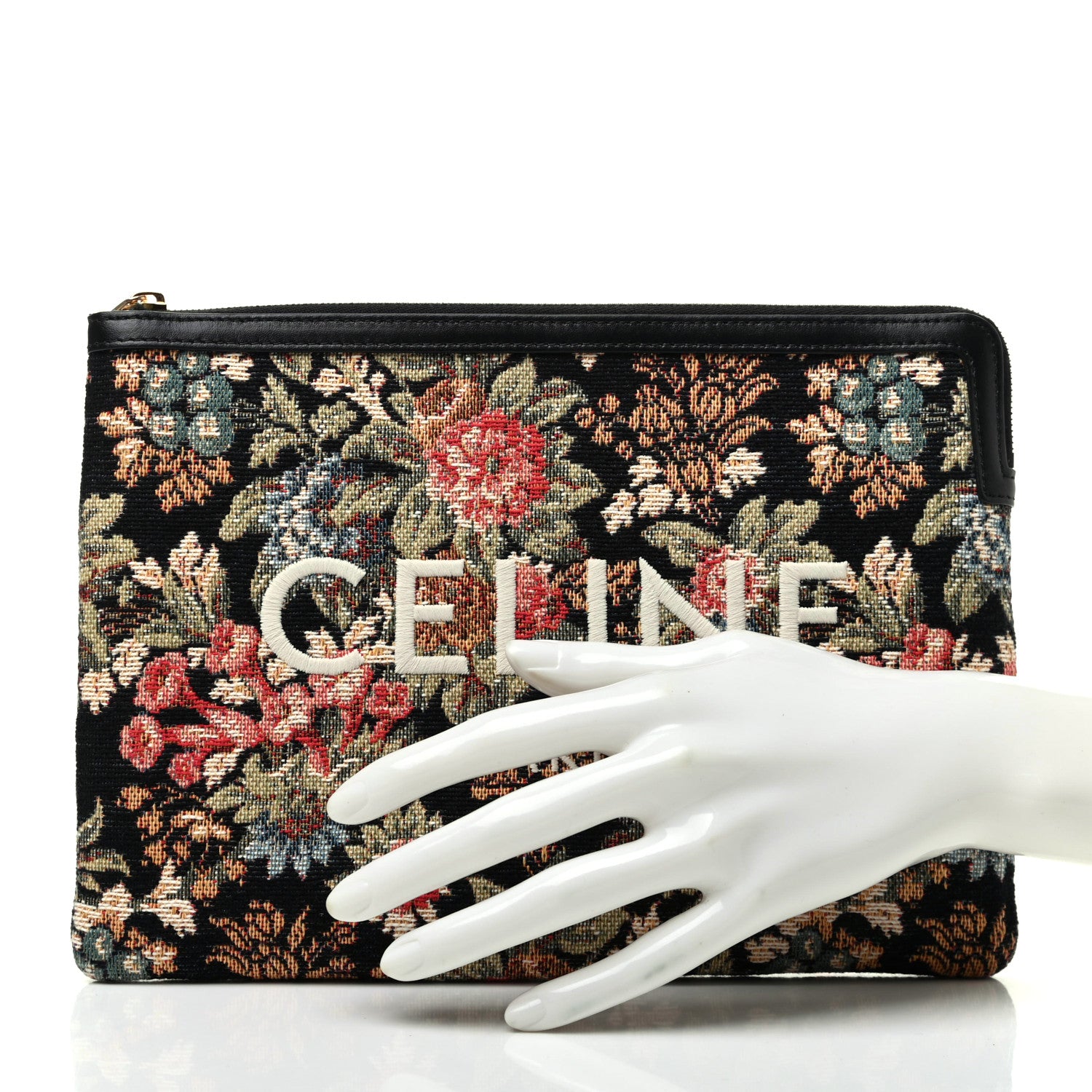 Celine Floral Jacquard Calfskin Small Tapestry Logo Pouch Black