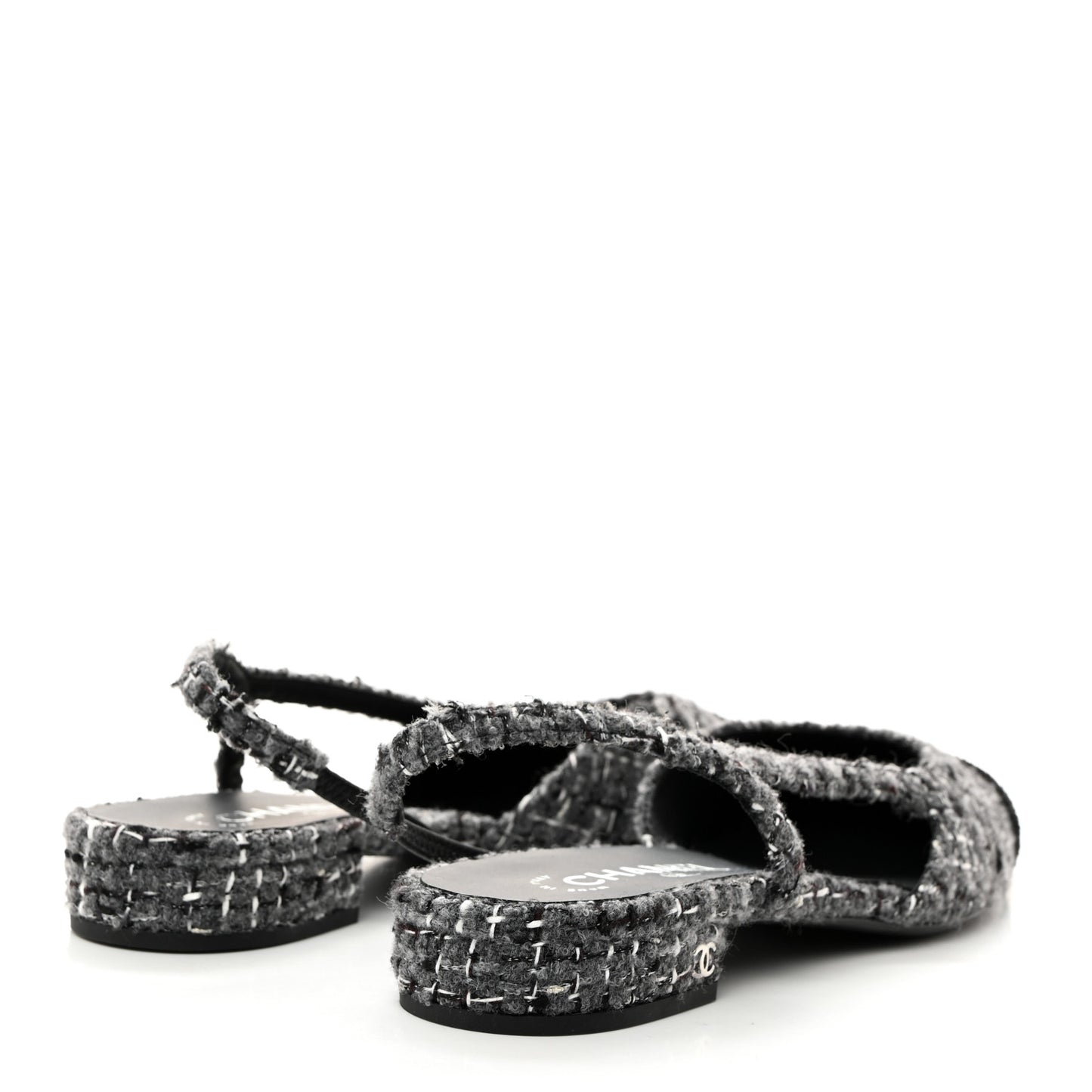 Tweed Corduroy Cap Toe Slingback Flats 41 Grey Black
