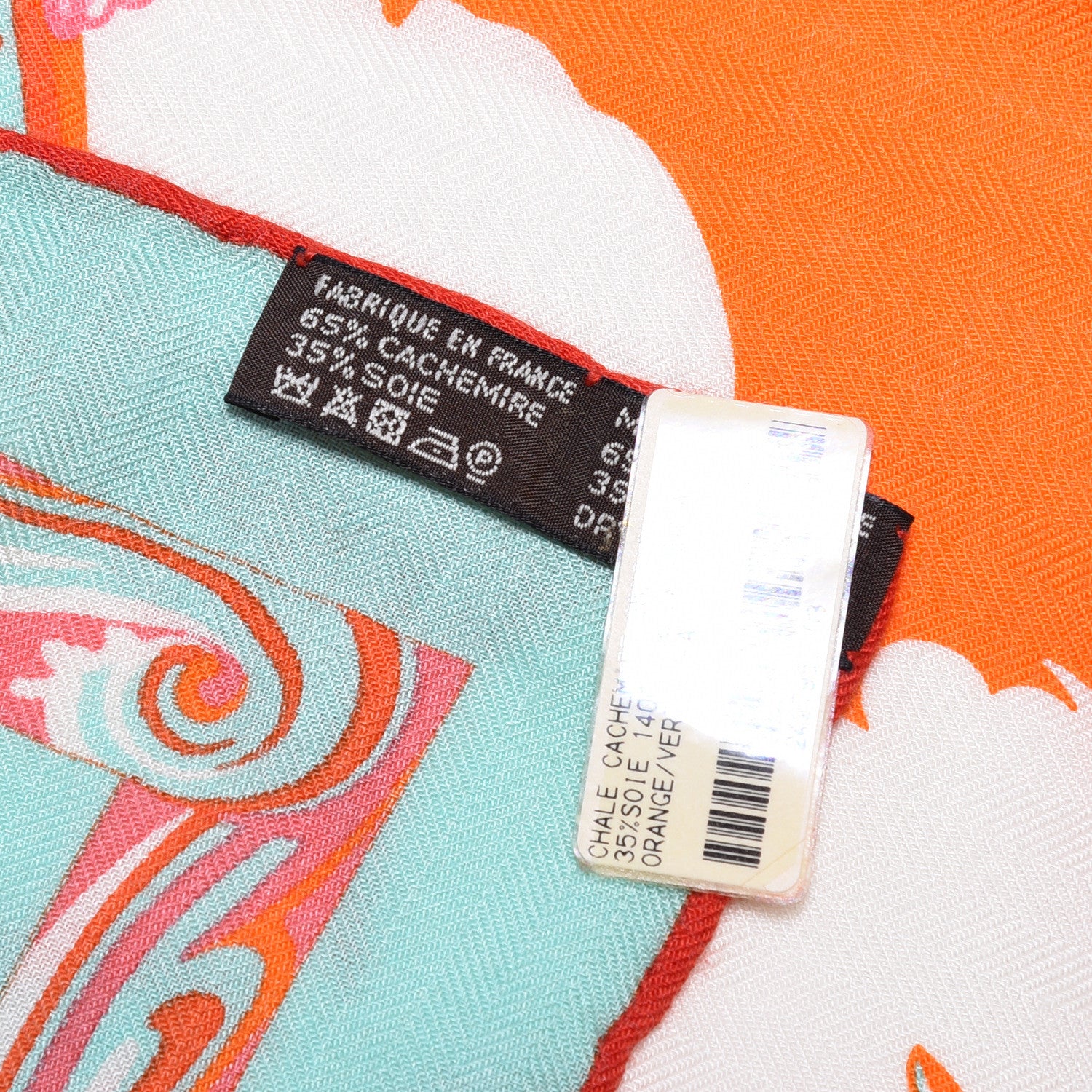 Hermes Cashmere Silk De La Mer Au Ciel Shawl 140 Orange Vert Corail 9 of 9