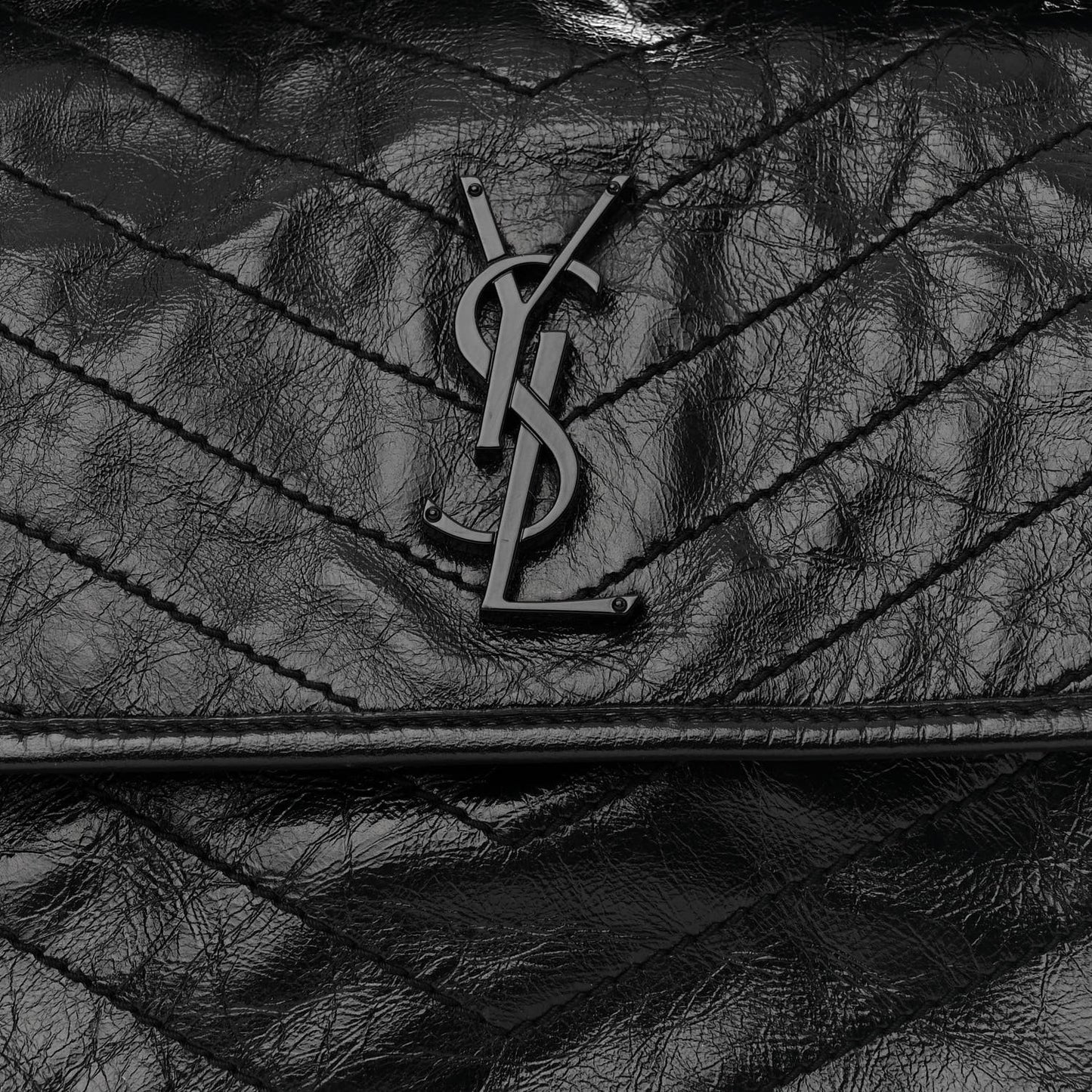 Crinkled Calfskin Matelasse Monogram Medium Niki Chain Satchel Black